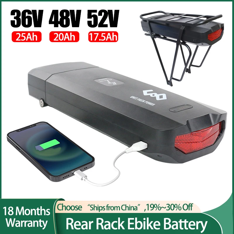 Electric Bicycle 48V 20Ah 52V Ebike Battery Rear Rack Battery Pack 36V 25Ah For Ebike with Taillight USB Port E Bike Charger