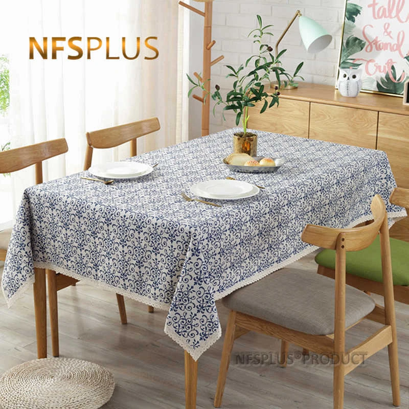 Blue and White Porcelain Table Cloth with Lace Trim Blending Cotton Linen Fabric Home Decorative Tablecloth Cover | Дом и сад