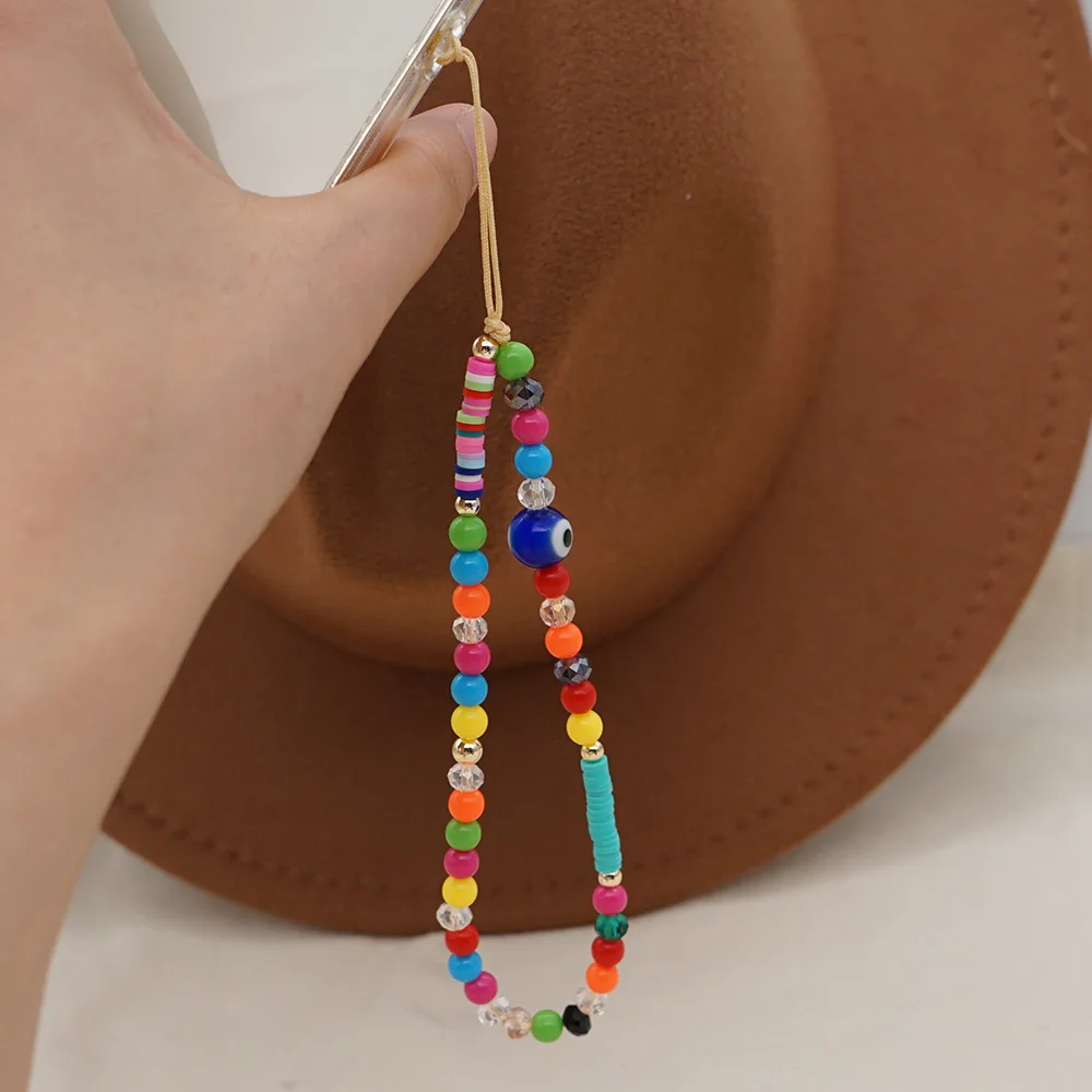 

Ethnic Style Soft Pottery Mobile Phone Lanyard Female Glass Eye Beads Woven Colorful Resin Beaded Anti-lost Mobile Phone Chain