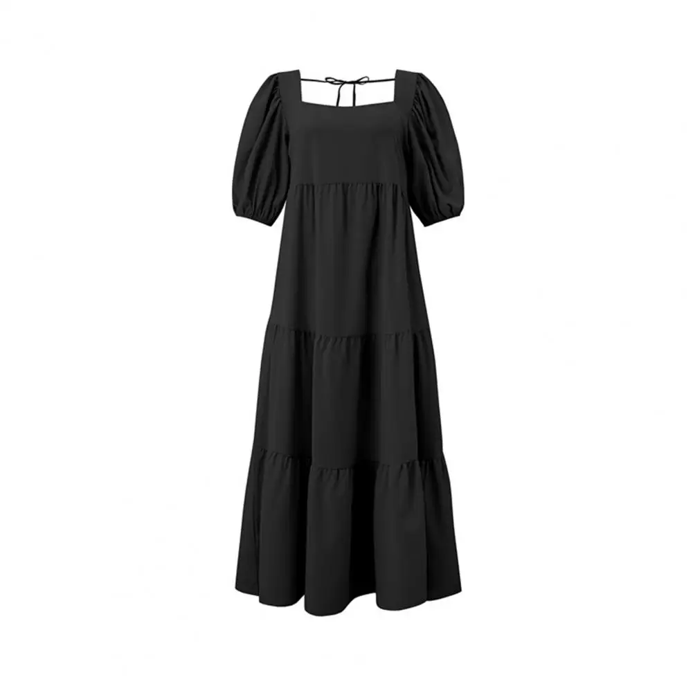 

65% Dropshipping!!Women Dress Puff Sleeve Ruffles Hem Summer Back Lace-up Square Neck Patchwork Dress for Dating