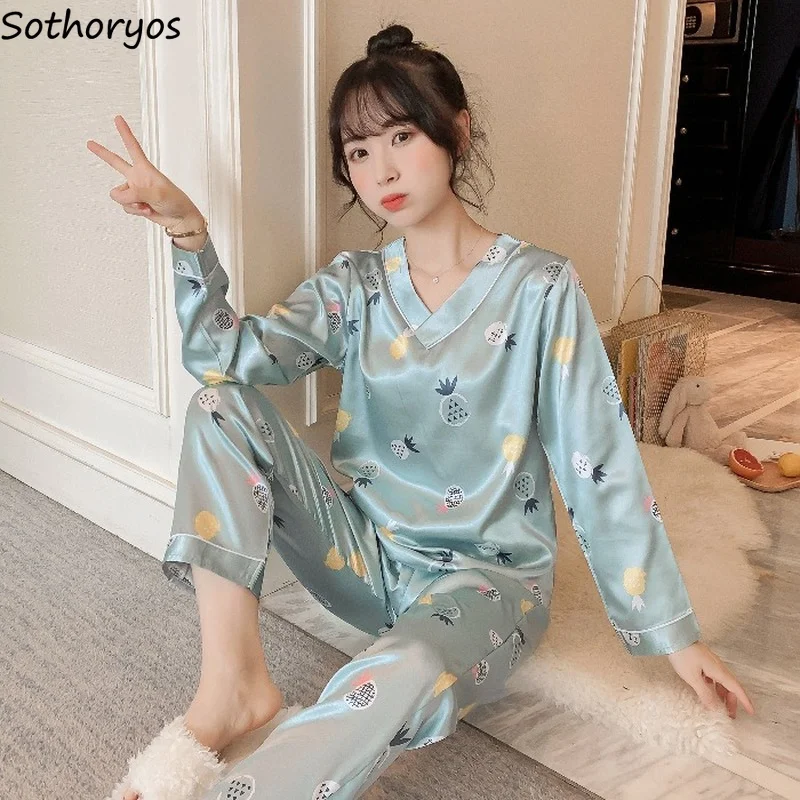 

Women Pajama Sets Printed Long Sleeve Tops Ankle-length Pants Lovely Cozy Slender Trendy Nightwear Home Teenagers Lounge Females