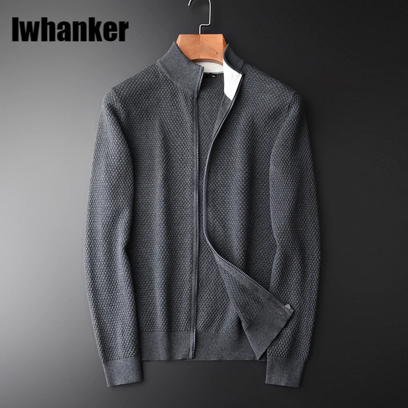 

Мужской свитер на молнии, однотонный серый или темно-синий кардиган с воротником-стойкой, приталенный силуэт