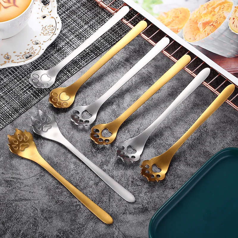 

304 Stainless Steel Gold/Silver Cute Dog Cat Claw Milk Coffee Spoon Colander Cutlery Long Handle Dessert Spoon Tableware,1PC