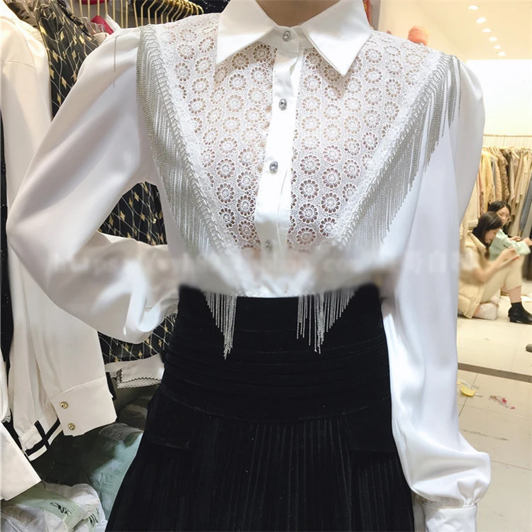 Ladies Fashion Shirt Lace Patchwork Tassel Chain Lantern Sleeve Top Vintage Design Single-Breasted Turn-Down Collar Women | Женская