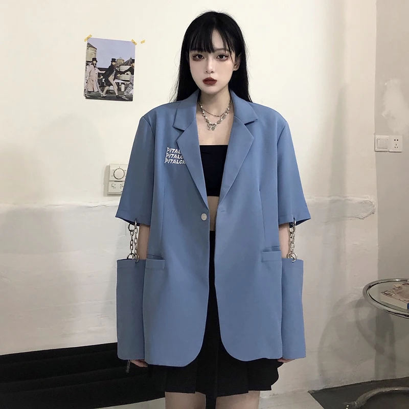 

HARAJPOO Woman Blazers 2021 Spring Autumn Korean Style Ins Fashion Loose Casual Detachable Chain Shoulder Two Suit Female Top