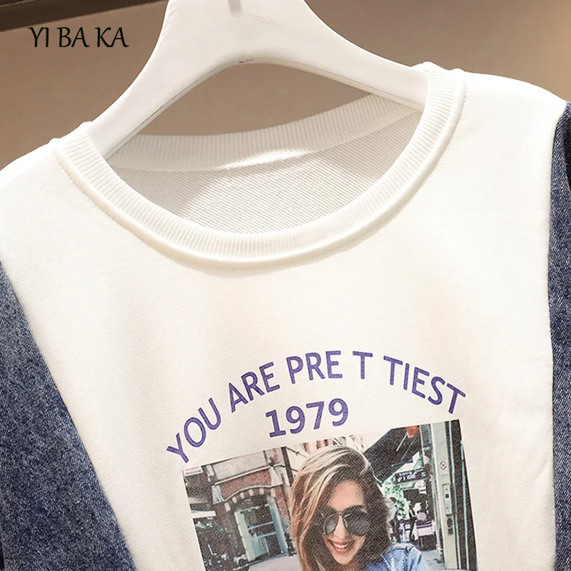 

plus size 5XL Women's thick Velvet Fashionable Long Sleeve Casual Sweatshirt denim patchwork Kawaii Sweatshirt Clothing