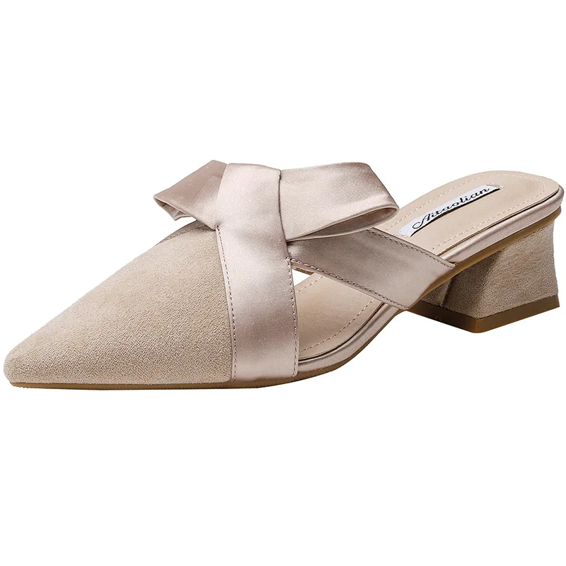 

Black Sandals Women Smmer New 2021 Luxury Fashion Med Slip-On Med Cute Mules Shoes Casual Slippers Riband Square Heel Silk