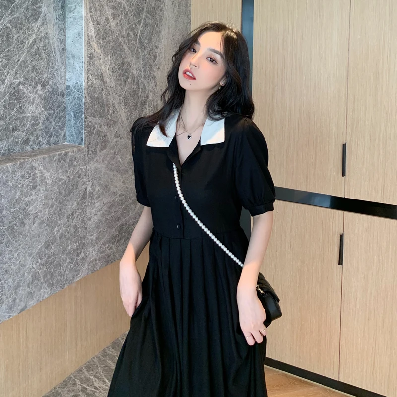 

COIGARSAM Preppy Style Loose Women dress Casual Panelled Turn-down Collar Dresses Black 37076