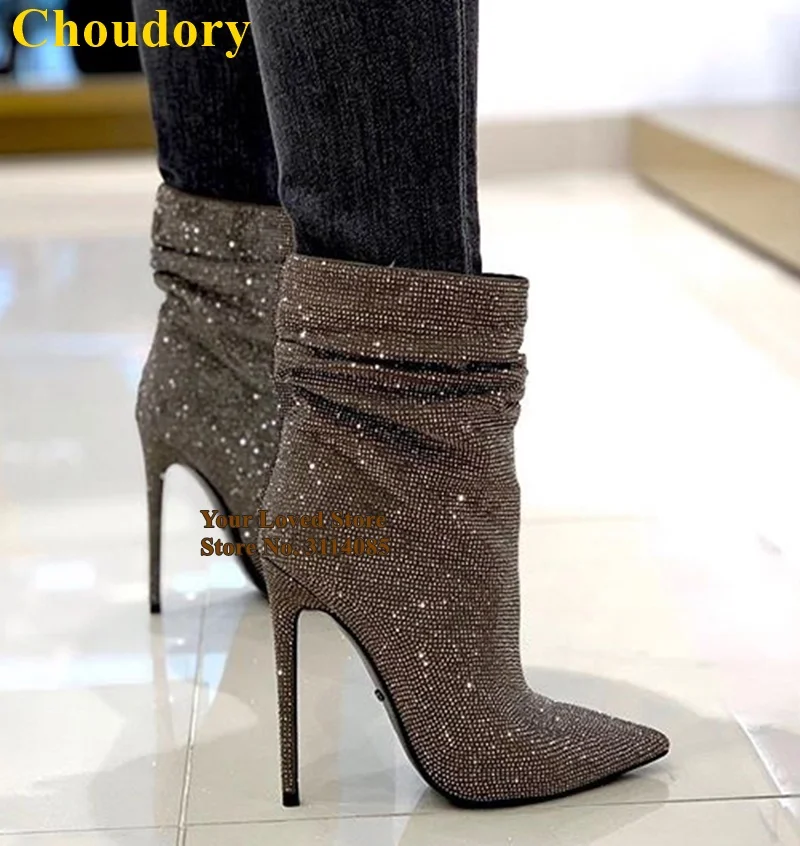 Шикарные блестящие ботильоны на шпильках Choudory плиссированные ботинки с острым