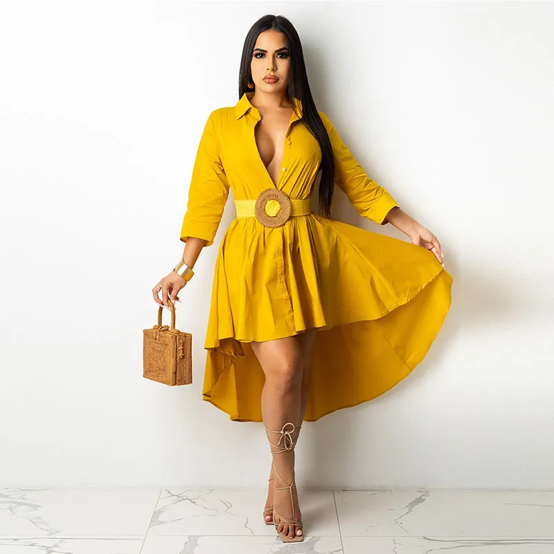 

2021 Summer Lapel Shirt Dress Ladies Fashion Button Asymmetry Knee-length Dress Elegant Office Loose Dresses For Women Vestidos