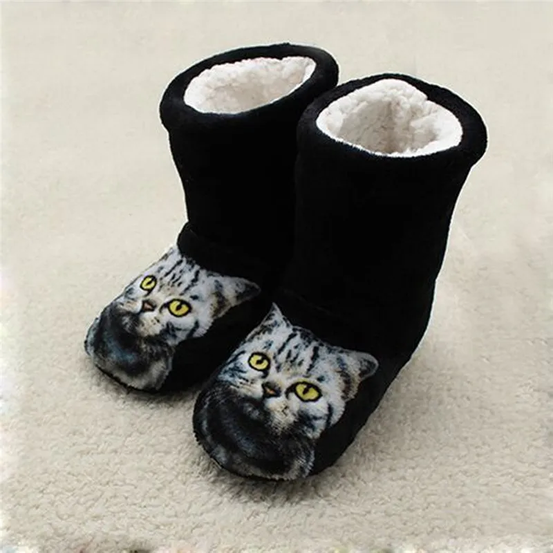 Женские домашние ботинки с принтом кота Зимние ботильоны из толстого плюша