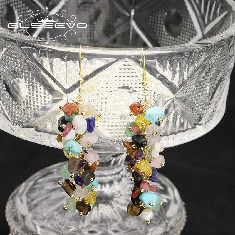 

Glseevo 925 silver earrings for women indian style jhumka Natural pearl drop Vintage fine long with stone earrings GE1139