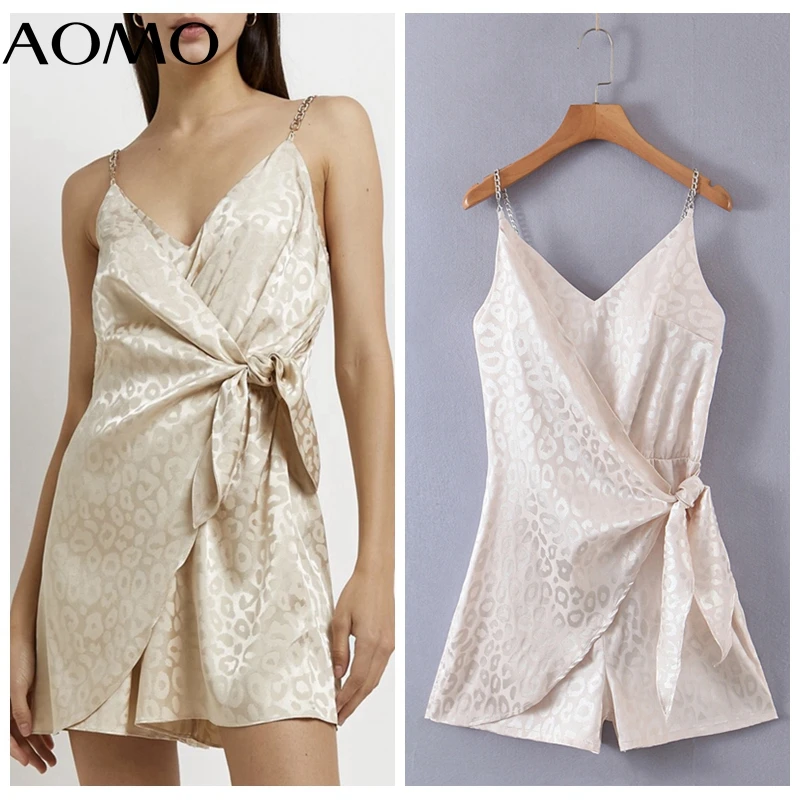 

AOMO Women Vintage Satin Playsuits Chain Spaghetti Strap Sleeveless Rompers Ladies Summer Casual Chic Jumpsuits 8H31A