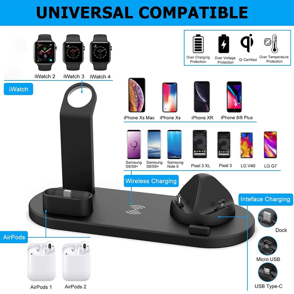Беспроводное зарядное устройство 4 в 1 быстрая подставка для Apple Watch Series 5 4 3 2 Iwatch Airpods 2 Iphone XS MAX XR 8 Plus X Док-станция