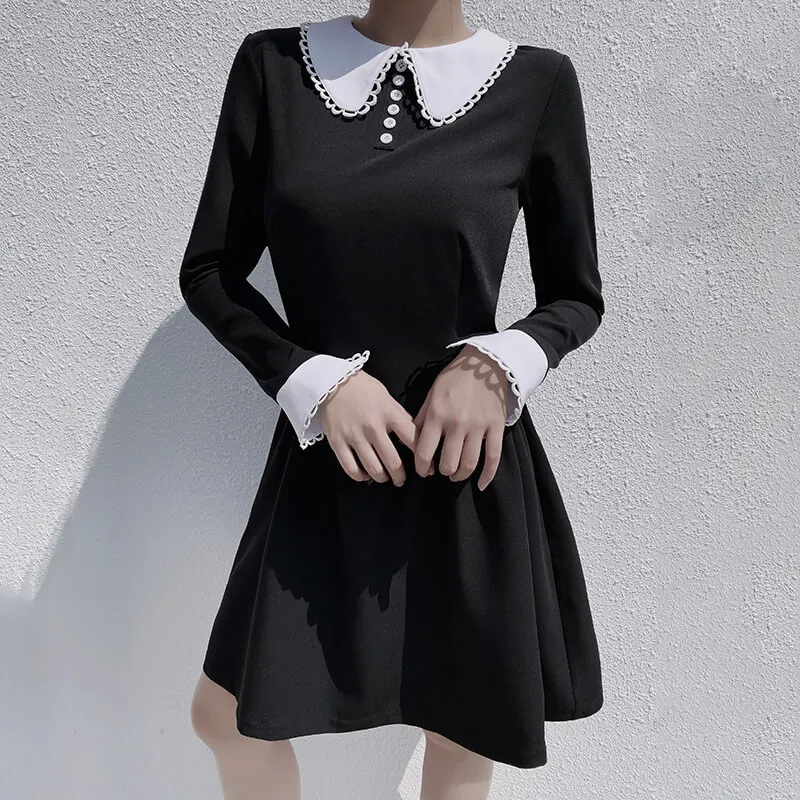 

Gothic Dress Black Women Autumn A-Line Peter Pan Collar Slim Waist Street Fashion Elegant Retro Preppy Goth Winter Dresses