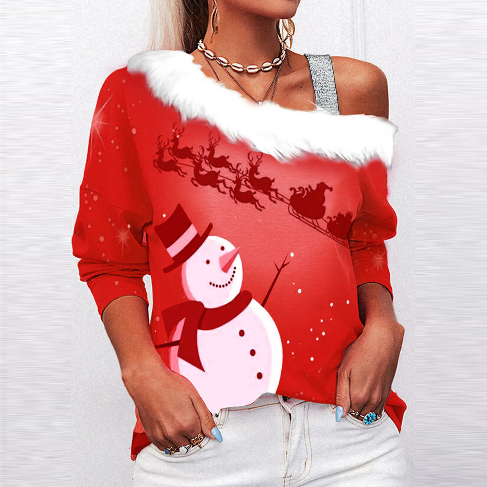 2022 Merry Christmas Womens T-Shirts Snowmen Print Long Sleeve Off Shoulder Top Female Holiday Party Clothes Ropa Mujer A40