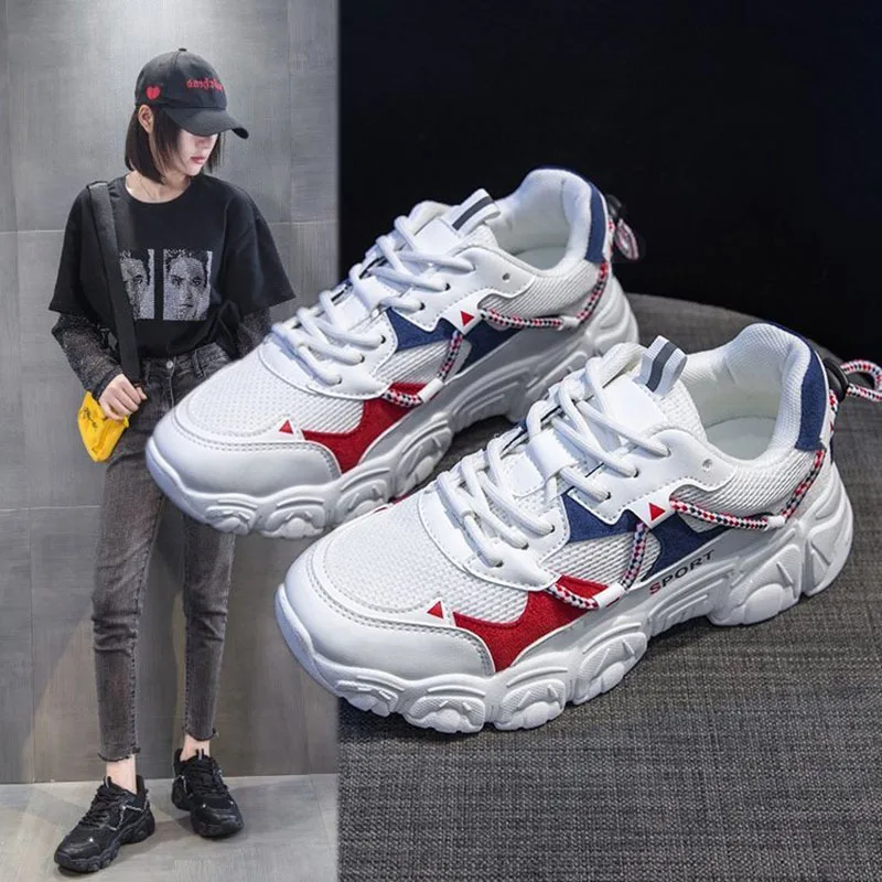 

Young Girls Sneakers Student Lace-up Wave Bottom Non-slip Wear-resistant Casual Shoe Female Autumn Mesh Breathable Running Shoe