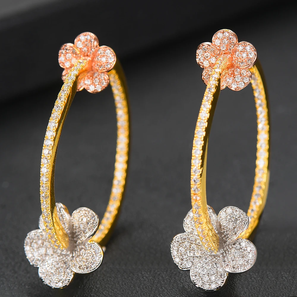 Женские серьги кольца GODKI большие квадратные 3 тона с кубическим цирконием AAA