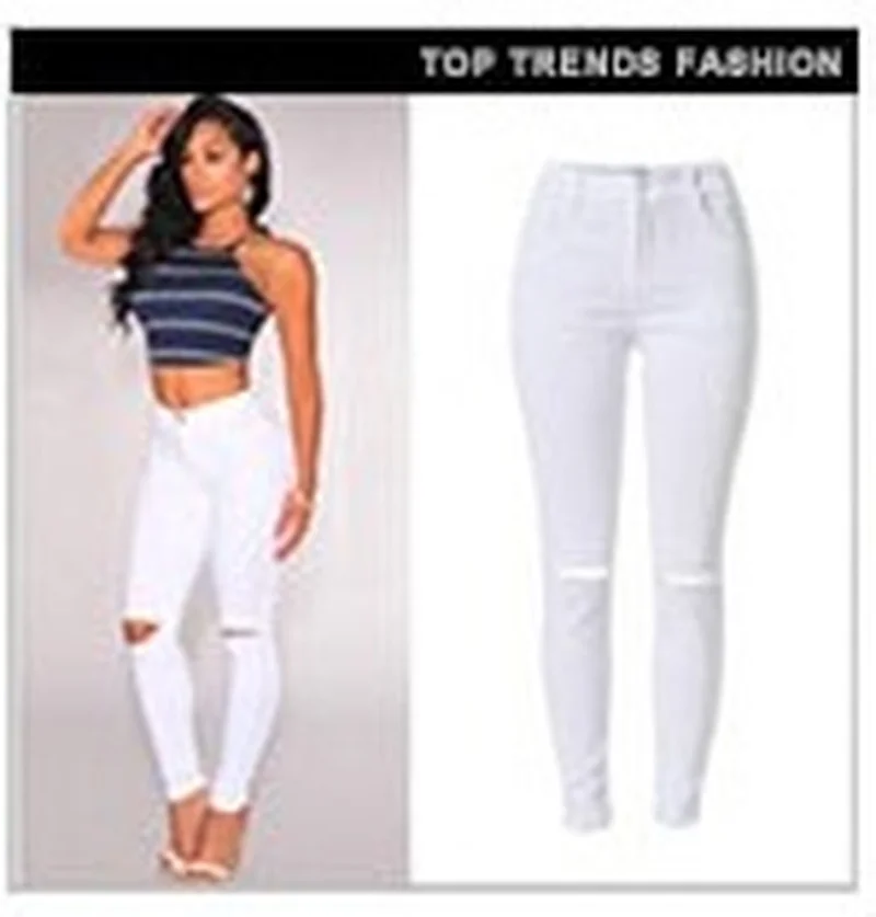 

European and American Stretch High Waist Ripped Women's Jeans Slim-leg Pants Slim Fashion Tight-fitting Pocket Trousers 2021