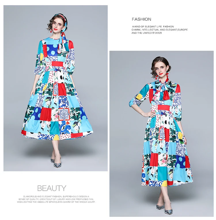 

Women's Dress Chiffon O-neck Girl's Party Dresses Fashion Print Lady High Waist A-LINE Summer Bohemia Ankle-Length Houthion