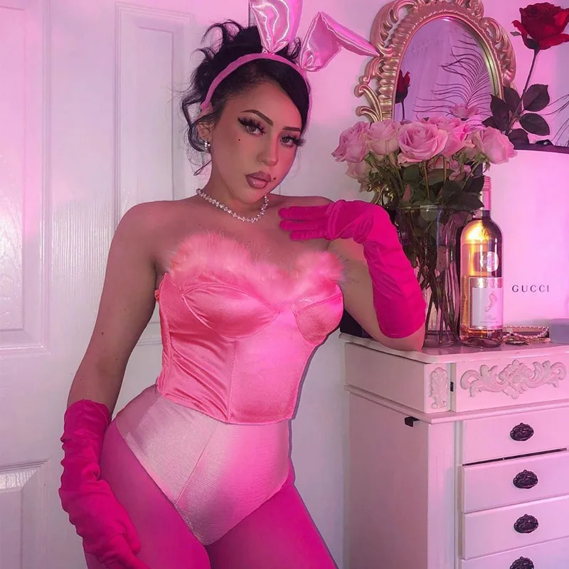 Pink Fur Satin Sexy Tube Crop Top Neon T-shirt 2021 New Spring Party Club Tanks Tshirt Tees Summer Sleeveless Short T Shirt | Женская