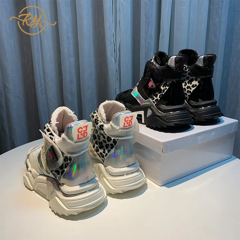 RY-RELAA women sneakers fashion high top sneakers ins wedge sneakers Genuine Leather rhinestone shoes white platform shoes