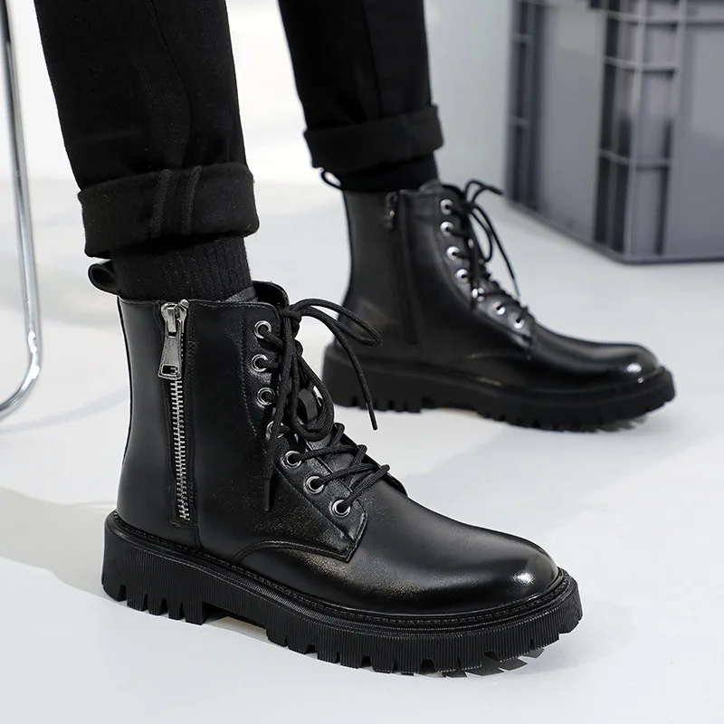 

Men Flat Boots Leather High Tube Platform Ankle Boots Side Zipper Plus Fleece Warm Waterproof Hiking Boots Winter Casual Boots