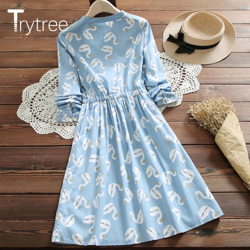 Осеннее женское повседневное Хлопковое платье Trytree рубашка на пуговицах с