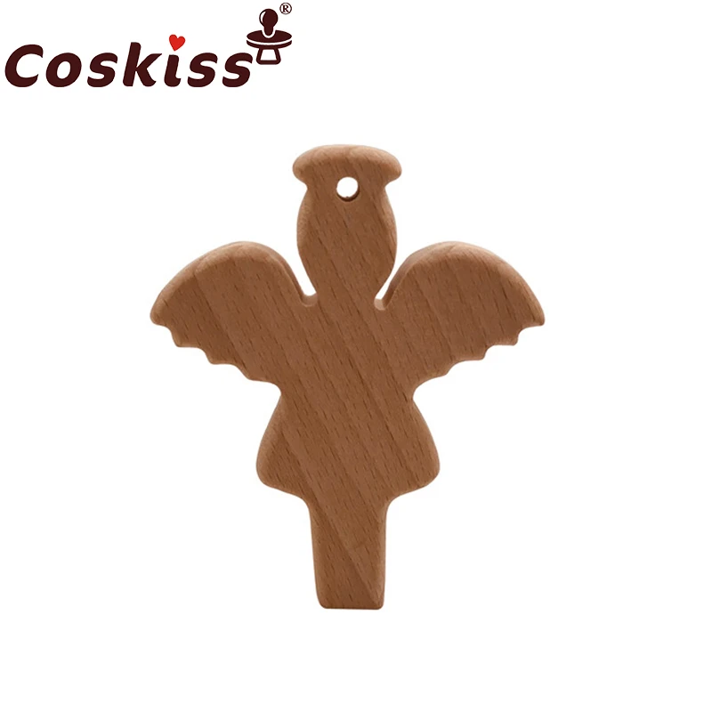 Coskiss-mordedor de &Aacute;ngel de madera de haya, producto org&aacute;nico, personalizado, colgante, respetuoso con el medio ambiente, seguro, para dentici&oacute;n de beb&eacute;, juguetes para masticar-0
