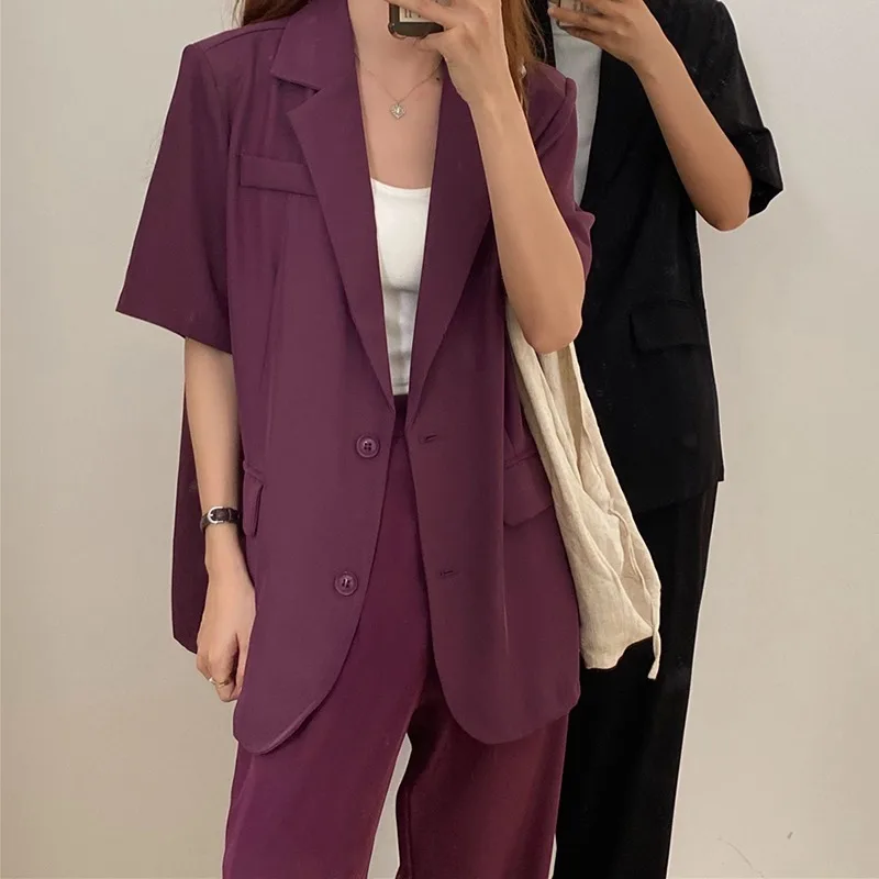 Women Two Piece Sets Loose Thin Lapel Two Button Suit Jacket and Draped High Waist Mopping Trousers Wide Leg Korean Chic Retro