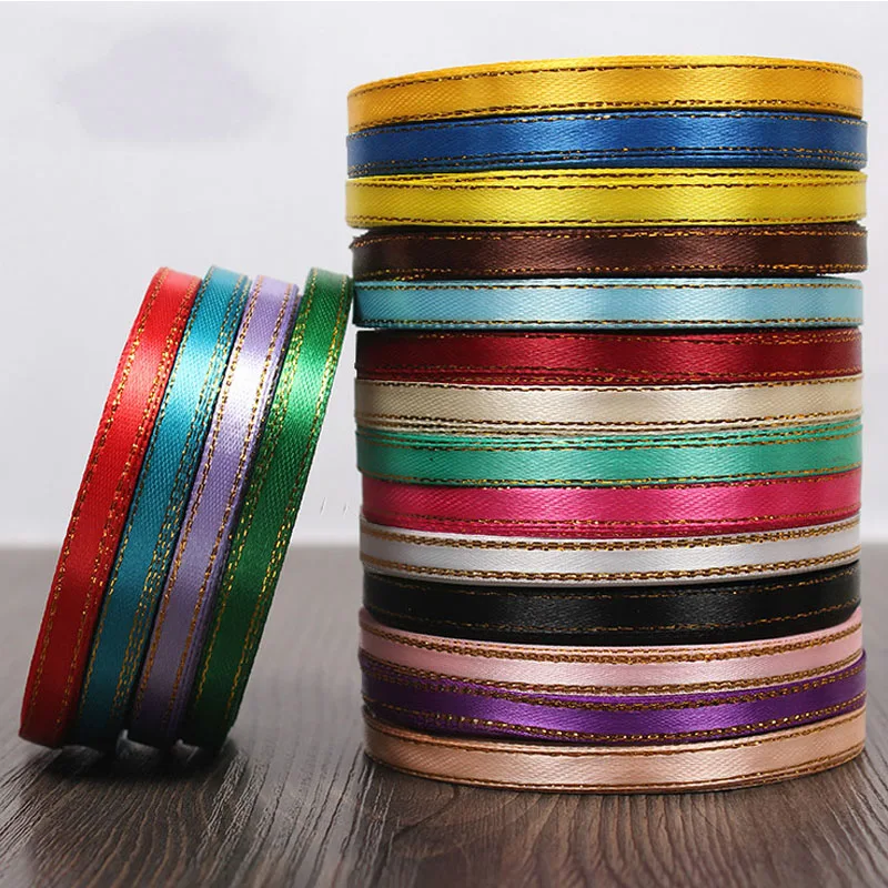 (25 ярдов/рулон) 6 мм атласные ленты с золотыми краями подарочная упаковка
