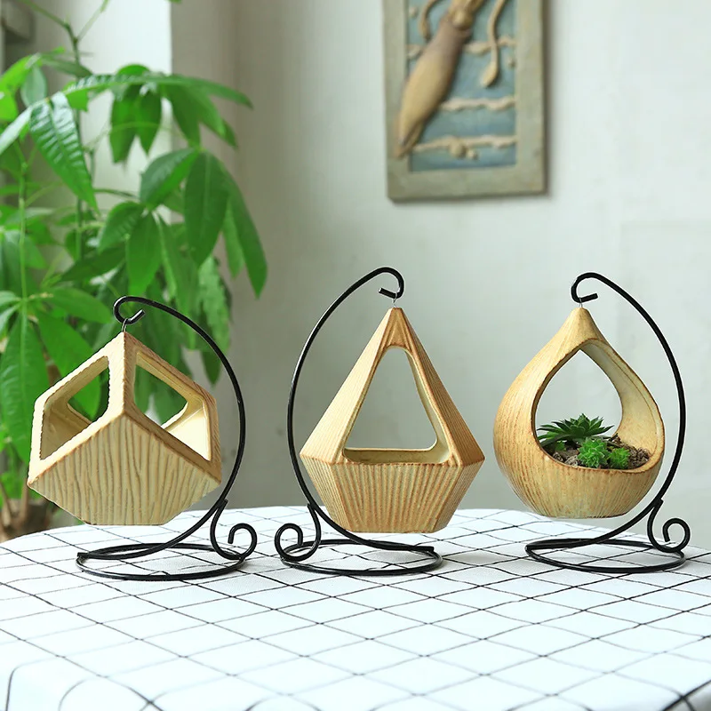 

newCreative Iron Frame Ceramic Hanging Basket Flower Pot Succulents Plant Pots Home Micro Landscape Ornaments Garden Accessories