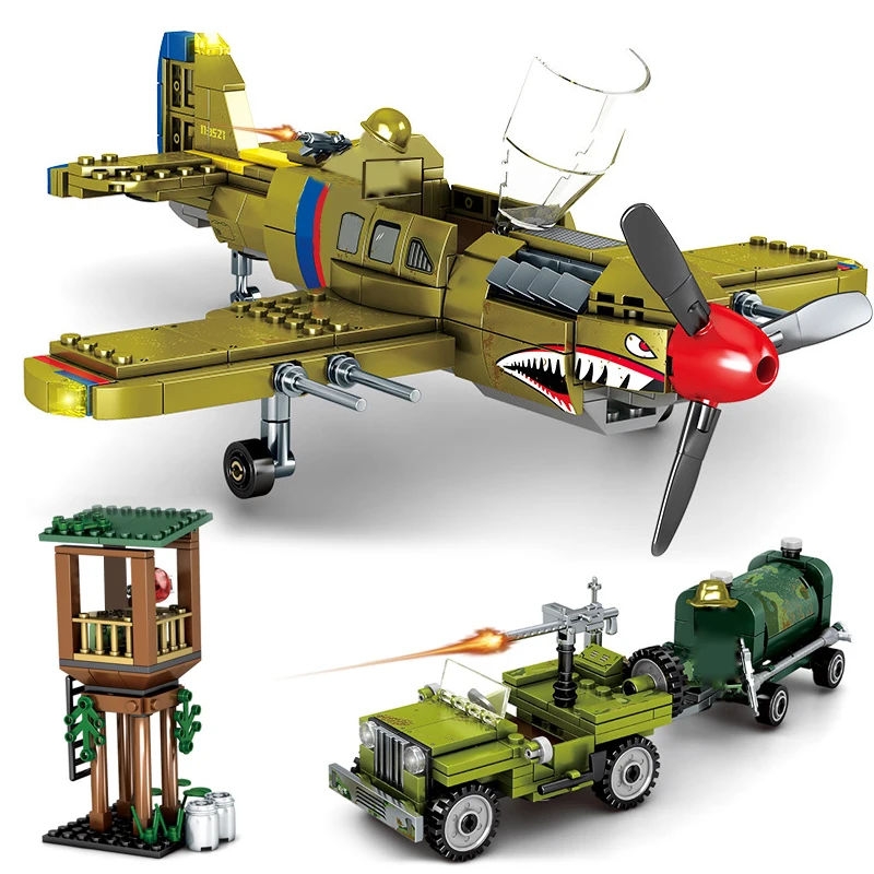 

WW 2 Surprise Attack On Pearl Harbor Military US P-40 Fighter Building Blocks Model Airport Fuel Truck Bricks Toys For Children