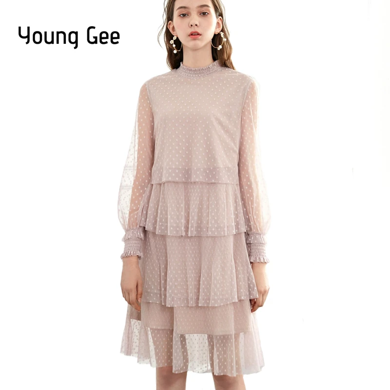 Женское многослойное плиссированное платье Young Gee Сетчатое принцессы в горошек с