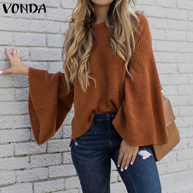 2021 VONDA женские летучая мышь блузка осень зима свободная вязаная одежда топы