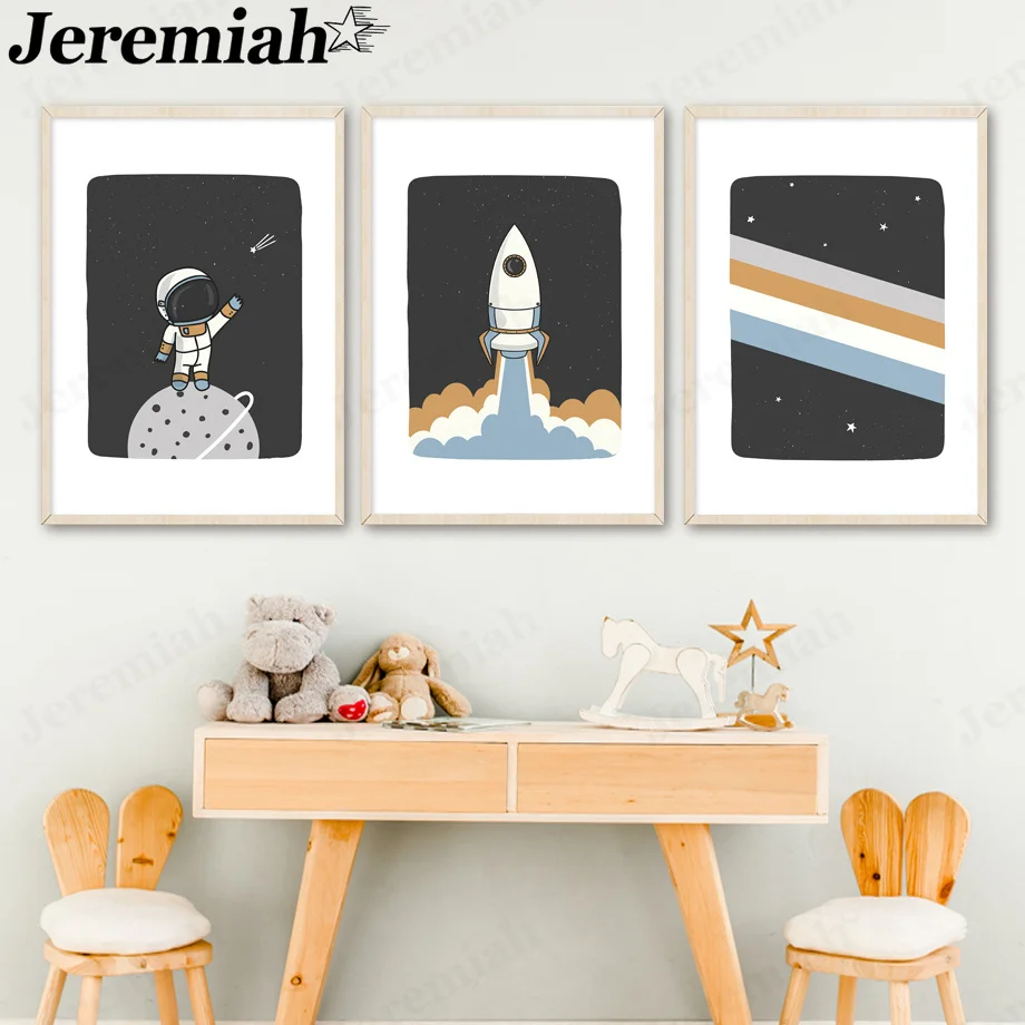 Мультяшный астронавт, холст, плакат, ракета, Вселенная, луна, холст, картина, настенное искусство, современная детская комната, украшение для...