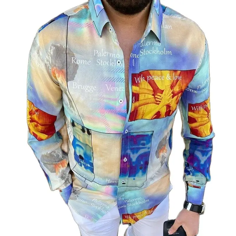 

national flag Printed Shirt Men Lapel High Street Button Vintage Camisa Long Sleeve Mens Brand Casual Shirts 2021 Streetwear