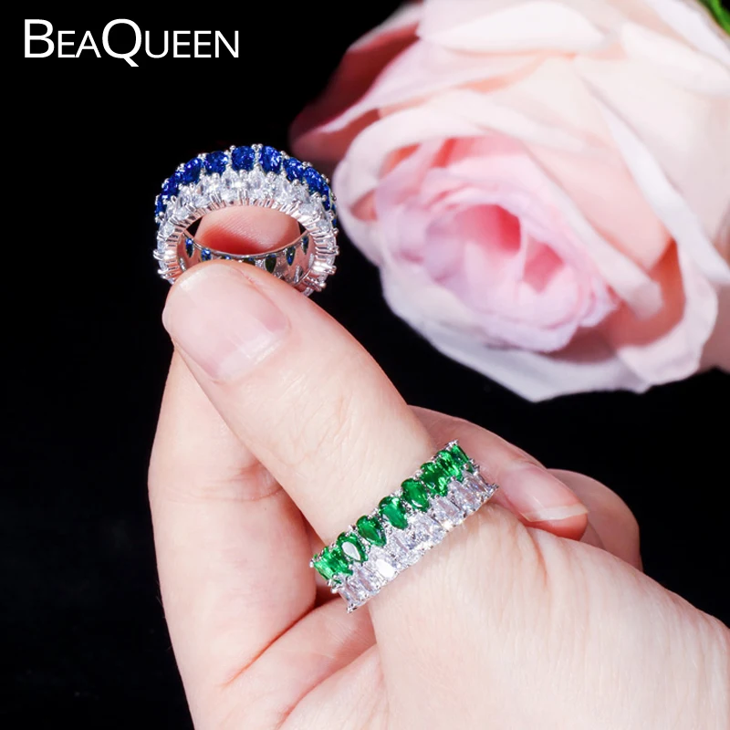 Женское коктейльное кольцо BeaQueen элегантное обручальное зеленого и синего цвета