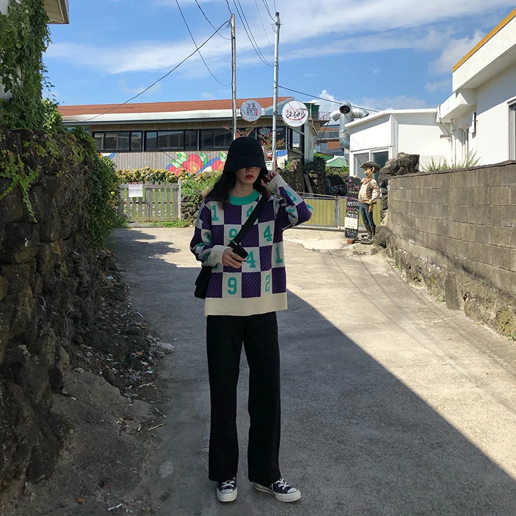 Винтажный Свободный Повседневный свитер с цветными блоками женские свитера