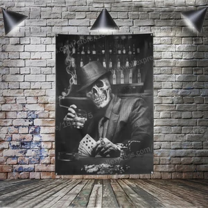 Череп с котелком, шляпы, курительная покерная карточка, винная темнота, подвесной флаг с 4 люверсами в углах, 3*5 футов, 144*96 см