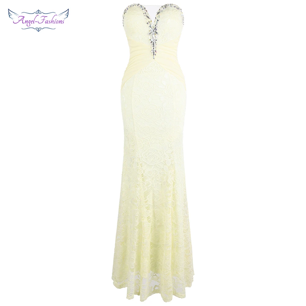 Angel-fashions женские без бретелек Кружева бисерное вечернее платье плиссированные макси Элегантные Русалка выпускного вечера вечерние цвета слоновой кости W-190713-S