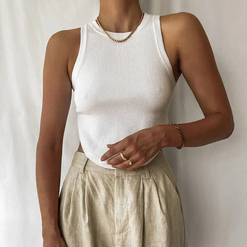 

2021 Summer Navel Exposed Solid Color Sleeveless Tight Crop Tops Female Slim Short Tank Tops Women