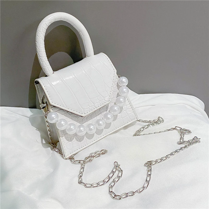 

Ladies Elegant Pearl Travel Bag Super Mini PU Leather Shoulder Bags Women Fashion Stone Pattern Crossbody Bags For Female