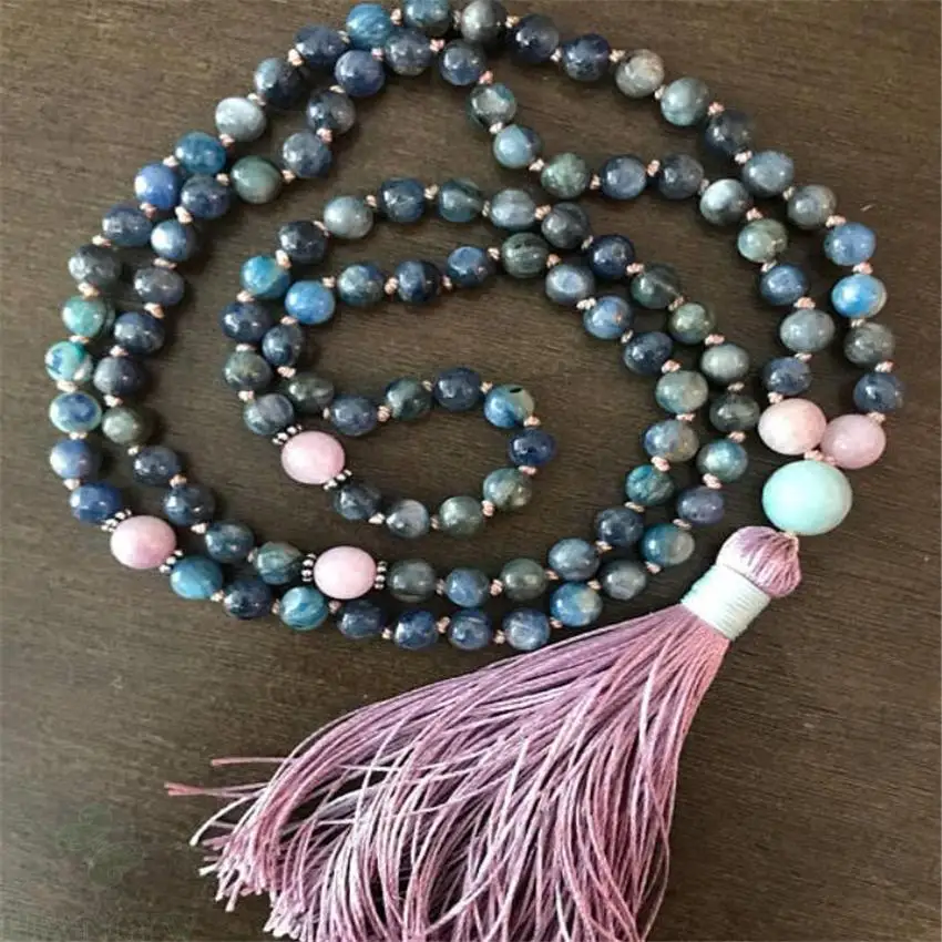 

6MM Kyanite Apatite Gemstone 108 Bead Mala Necklace Tassel Fancy Unisex MONK Chakas pray yoga Sutra spirituality Wrist