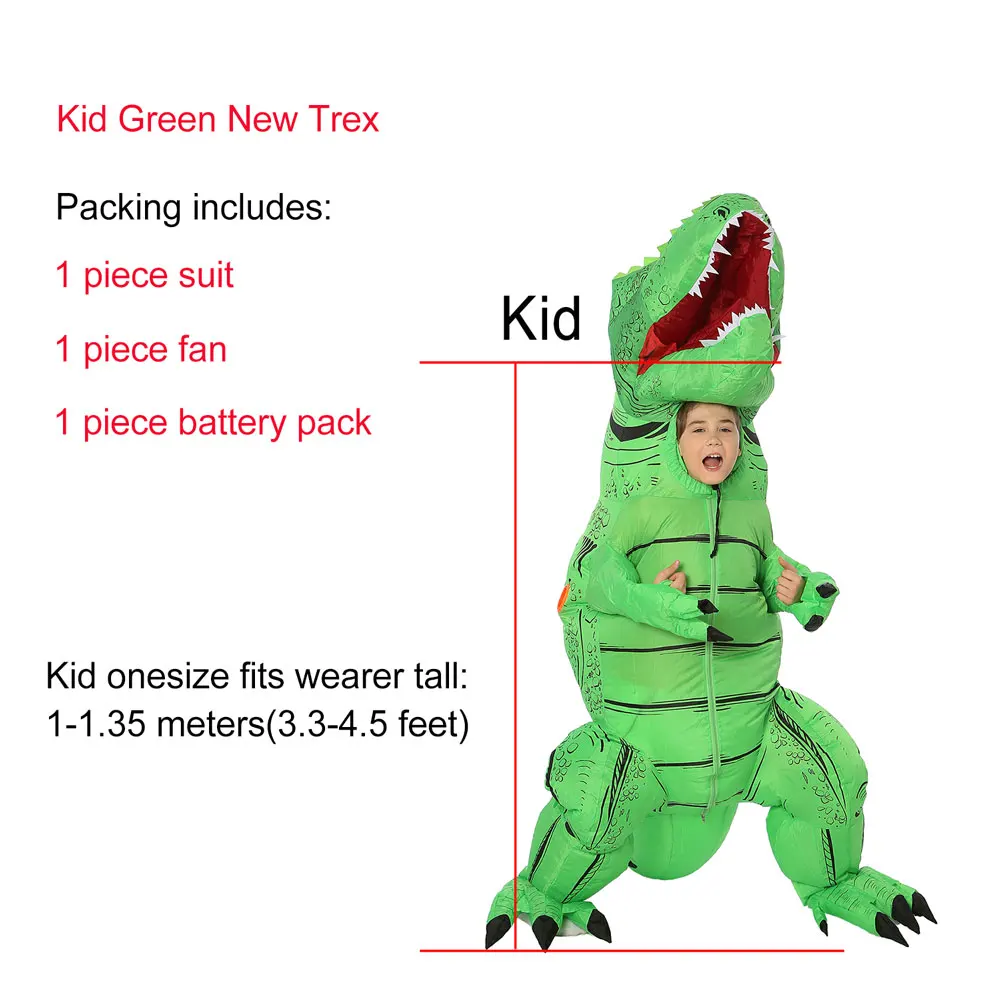 Kid New Green JYZCOS взрослый T REX надувной костюм динозавра Хэллоуин партии Косплей Костюм для женщин мужчин детей Карнавальный костюм - Цвет: Kid New Green