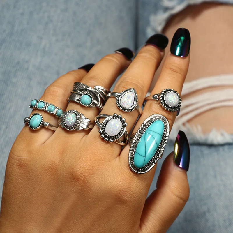 

8pcs/set Retro Ethnic Style Geometric Feather Leaves Combination Rings Set For Women Vintage Green Opal Statement Knuckle Ring