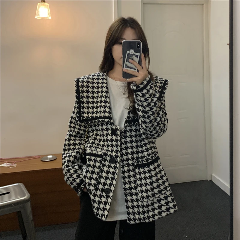 Женское шерстяное пальто клетчатая куртка осенне зимнее Смешанное модное