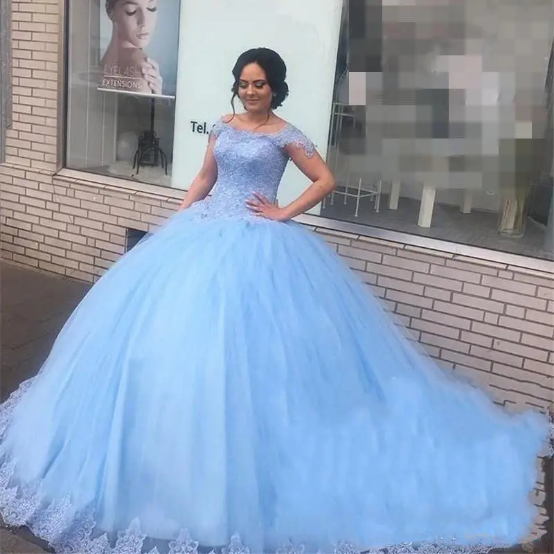 Светильник голубое кружевное милое платье 16 Quinceanera бальное с открытыми плечами