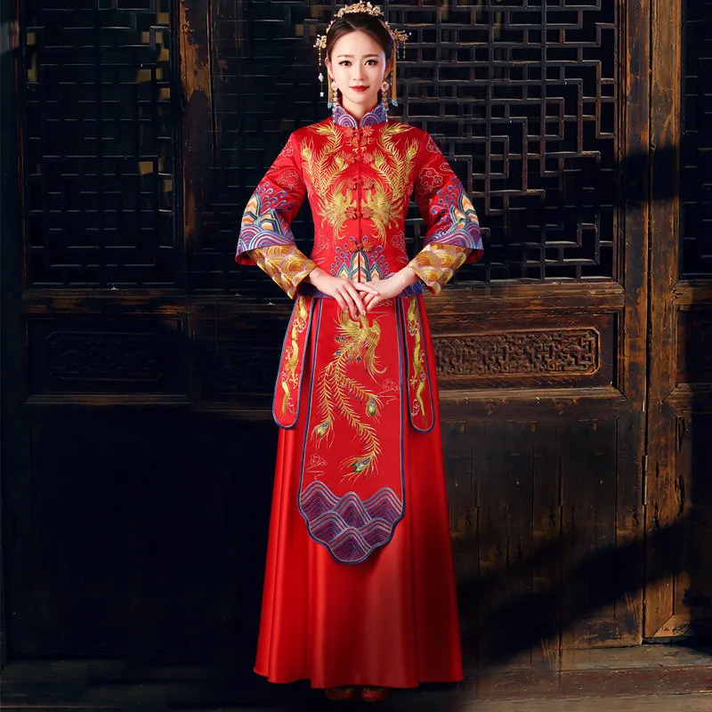 

Традиционное китайское свадебное платье с золотой вышивкой Феникс, Стильная современная длинная одежда, китайский Ципао