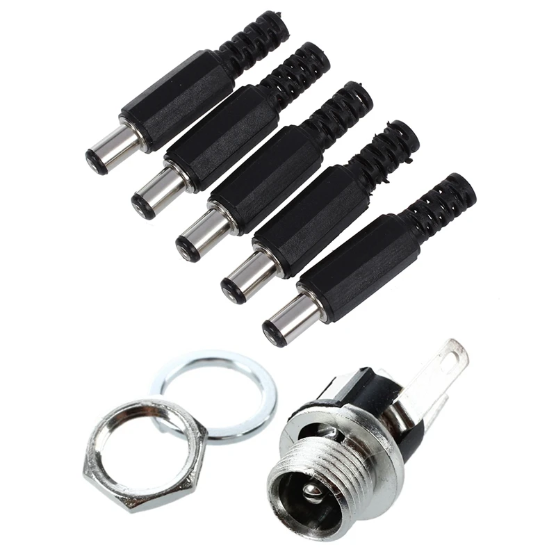 5 Pcs Black 2.1mm x 5.5mm DC Power Male Plug Jack Adapter & 5.5mmx2.1mm Socket Female Panel Mount Connector | Электроника